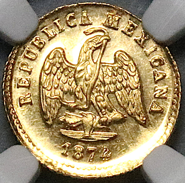 1874/3-Mo NGC MS 64 Mexico Gold 1 Peso Mint State Coin POP 1/0 (23043001C)