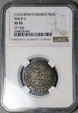 1572-Mo O NGC XF 45 Mexico 1 Real Philip II Spain Colonial Silver Coin (24102201D)
