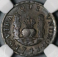 1743/2 NGC AU 53 Mexico 1 Real Philip V Colonial Spain Rare Overdate Silver Coin POP 1/1 (24121001D)