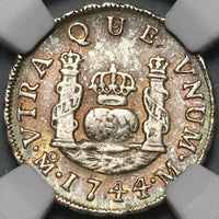 1744-Mo NGC AU 50 Mexico 1 Real Globes Pillars 1R Silver Coin (23082901D)