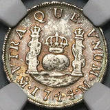 1744-Mo NGC AU 50 Mexico 1 Real Globes Pillars 1R Silver Coin (23082901D)