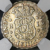 1744-Mo NGC AU 50 Mexico 1 Real Globes Pillars 1R Silver Coin (23082901D)