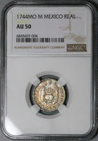 1744-Mo NGC AU 50 Mexico 1 Real Globes Pillars 1R Silver Coin (23082901D)