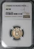 1744-Mo NGC AU 50 Mexico 1 Real Globes Pillars 1R Silver Coin (23082901D)