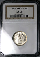 1898-Zs NGC MS 61 Mexico 20 Centavos Zacatecas Mint Silver Vintage Holder Coin (25042504C)