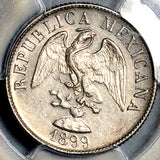 1899-Cn PCGS AU 55 Mexico 20 Centavos Culiacan Mint Rare 44k Silver Coin POP 2/1 (26062202C)