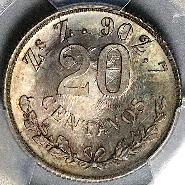 1902-Zs PCGS MS 65 Mexico 20 Centavos Zacatecas Mint GEM Silver Coin POP 1/0 (25103004D)