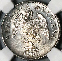 1903-Cn NGC MS 62 Mexico 20 Centavos Culiacan Silver Coin 93k Minted (23100603C)