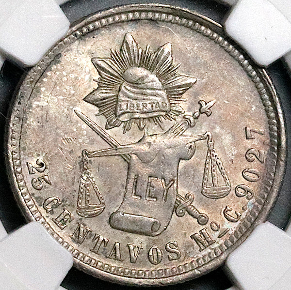 1869-Mo NGC AU 58 Mexico 25 Centavos Balance Scale 76k Pedigree Coin POP 1/5 (24051302C)