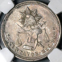 1869-Mo NGC AU 58 Mexico 25 Centavos Balance Scale 76k Pedigree Coin POP 1/5 (24051302C)