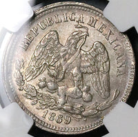 1869-Mo NGC AU 58 Mexico 25 Centavos Balance Scale 76k Pedigree Coin POP 1/5 (24051302C)