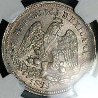 1869-Mo NGC AU 58 Mexico 25 Centavos Balance Scale 76k Pedigree Coin POP 1/5 (24051302C)