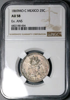 1869-Mo NGC AU 58 Mexico 25 Centavos Balance Scale 76k Pedigree Coin POP 1/5 (24051302C)