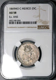 1869-Mo NGC AU 58 Mexico 25 Centavos Balance Scale 76k Pedigree Coin POP 1/5 (24051302C)