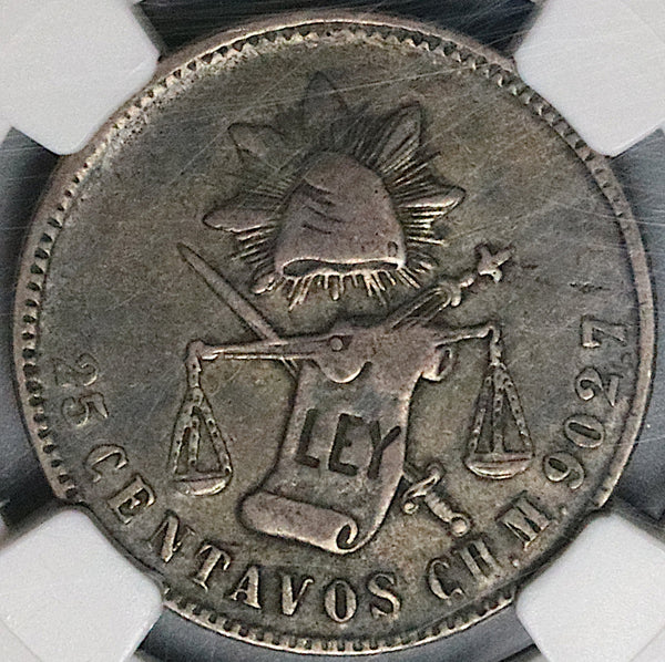 1872-CH NGC VF 25 Mexico 25 Centavos Chihuahua Mint Rare 24k Silver Coin (23060404C)