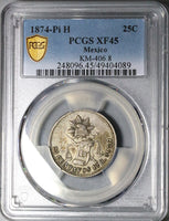 1874-Pi PCGS XF 45 Mexico 25 Centavos Potosi Mint Rare Silver Coin (24092402C)