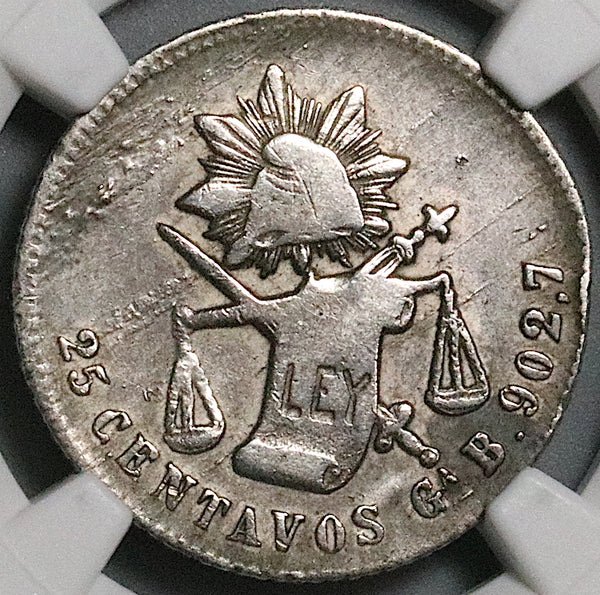 1883/2-Ga NGC XF Mexico 25 Centavos Guadalajara Rare Silver Coin (23092001C)