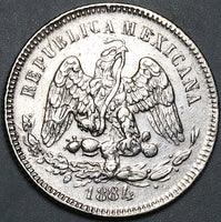 1884-A L Mexico 25 Centavos AU Rare Alamos Mint Silver Coin (25071502R)