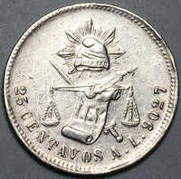 1884-A L Mexico 25 Centavos AU Rare Alamos Mint Silver Coin (25071502R)