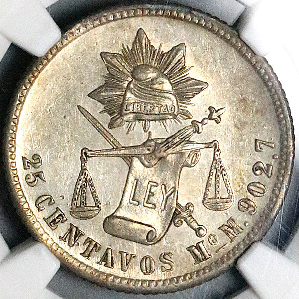 1886-Mo NGC MS 62 Mexico 25 Centavos Mint State Silver Coin (23073001C)