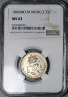1886-Mo NGC MS 63 Mexico 25 Centavos Mint State Silver Coin (24102202C)