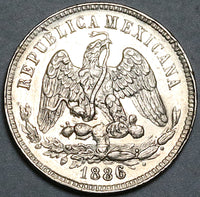 1886-Mo Mexico City 25 Centavos UNC Balance Scale Silver Coin (25100203R)