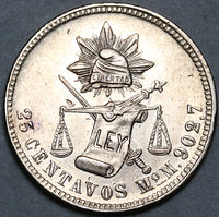 1886-Mo Mexico City 25 Centavos UNC Balance Scale Silver Coin (25100203R)