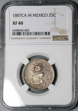 1887-Ca NGC XF 40 Mexico 25 Centavos Chihuahua Mint 26k Silver Coin POP 2/0 (24010702C)