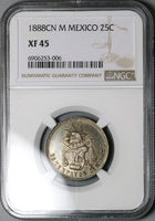 1888-Cn NGC XF 45 Mexico 25 Centavos Rare Culiacan Silver 86k Coin (24121004C)