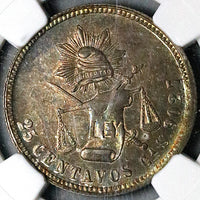 1889-Ga NGC MS 63 Mexico 25 Centavos Guadalajara Rare Silver Coin (24110301C)