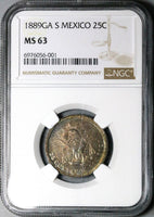 1889-Ga NGC MS 63 Mexico 25 Centavos Guadalajara Rare Silver Coin (24110301C)