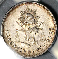 1890-Cn PCGS UNC Mexico 25 Centavos Rare Culiacan Silver 91k Coin (25070902C)