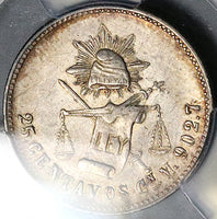 1890-Cn PCGS UNC Mexico 25 Centavos Rare Culiacan Silver 91k Coin (25070902C)