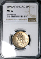 1890-Go NGC MS 62 Mexico 25 Centavos Guanajuato Mint State Silver Coin (25061601C)