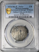1614 PCGS VF Mexico 2 Reales Cob Philip III Spain Colony Rare Overdate Error Silver Coin (24120902C)