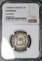 1753-Mo NGC XF Mexico 2 Reales Pillars Ferdinand V Colonial Silver Coin (25021601C)