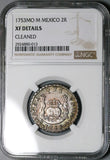 1753-Mo NGC XF Mexico 2 Reales Pillars Ferdinand V Colonial Silver Coin (25021601C)