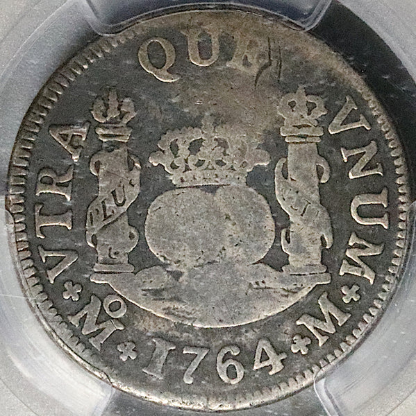 1764 PCGS F Mexico 2 Reales Charles III Pillars Globes Silver Coin (25082202C)