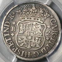1764 PCGS F Mexico 2 Reales Charles III Pillars Globes Silver Coin (25082202C)