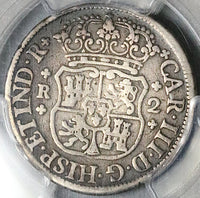 1764 PCGS F Mexico 2 Reales Charles III Pillars Globes Silver Coin (25082202C)