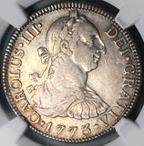 1773 NGC XF Mexico 2 Reales Inverted Mint Mark Assayer Charles III Spain Colonial Silver Coin (26010704C)