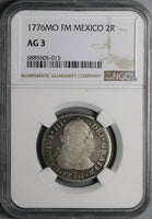 1776 NGC AG 3 Mexico 2 Reales Charles III Colonial Spain Revolution Silver Coin (24070402C)