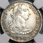 1776 NGC AU Mexico 2 Reales Charles III Spain Colonial Revolution Silver Coin (24052201C)