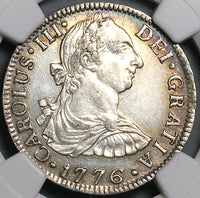 1776 NGC AU Mexico 2 Reales Charles III Spain Colonial Revolution Silver Coin (24052201C)