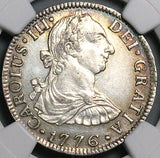 1776 NGC AU Mexico 2 Reales Charles III Spain Colonial Revolution Silver Coin (24052201C)