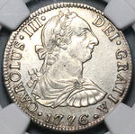 1776 NGC AU Mexico 2 Reales Charles III Spain Colonial Revolution Silver Coin (24041301C)