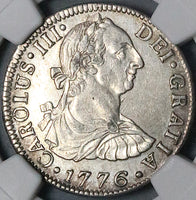 1776 NGC AU Mexico 2 Reales Charles III Spain Colonial Revolution Silver Coin (24041301C)