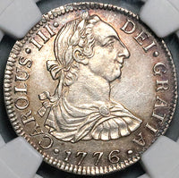 1776 NGC AU Mexico 2 Reales Charles IV Pillars Spain Colonial Silver Coin (25012102C)