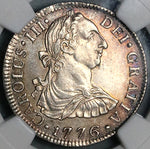 1776 NGC AU Mexico 2 Reales Charles IV Pillars Spain Colonial Silver Coin (25012102C)