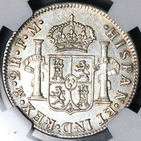 1776 NGC AU Mexico 2 Reales Charles IV Pillars Spain Colonial Silver Coin (25012102C)